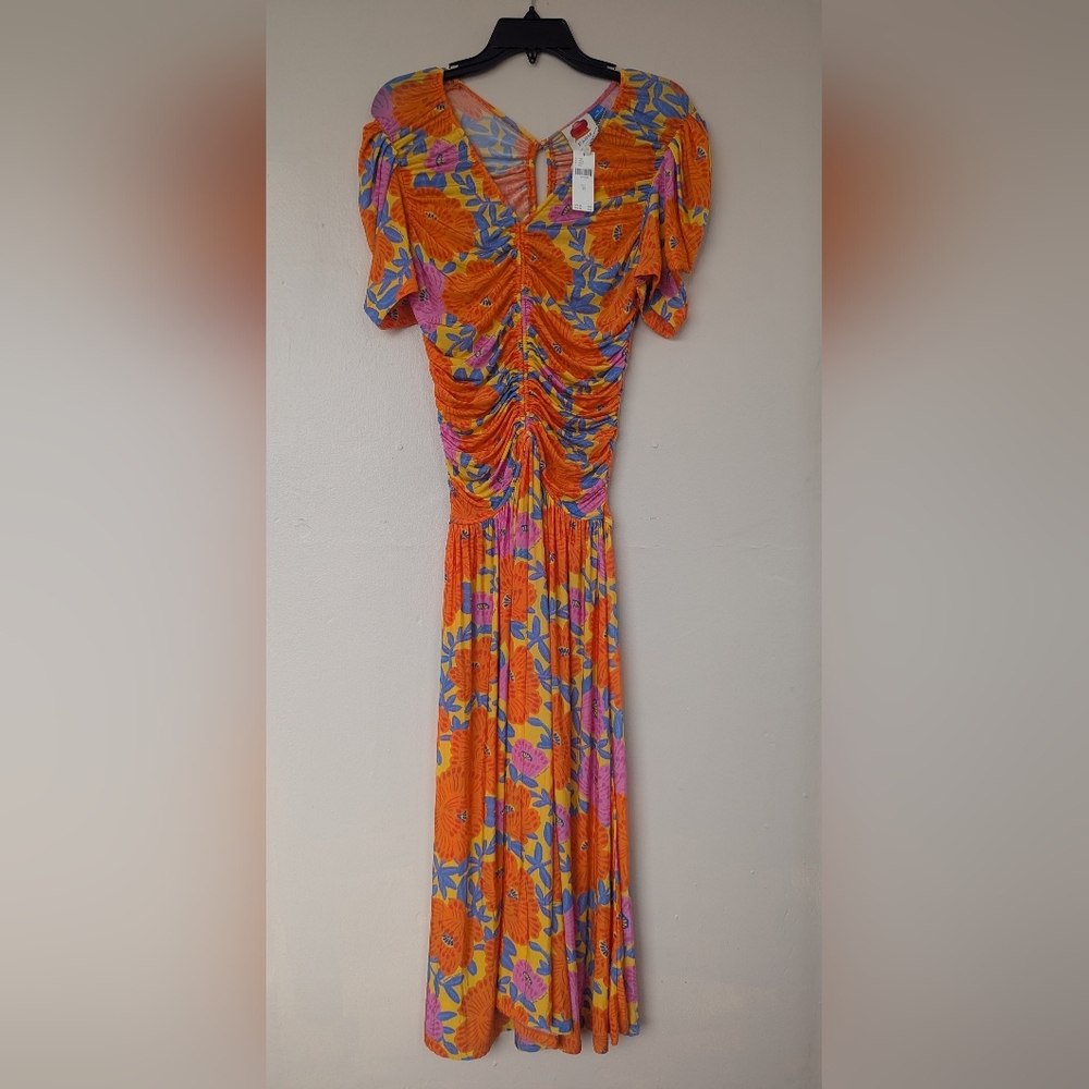 NWT! Farm Rio x Anthropologie Short-Sleeve V-Neck Ruched Midi Dress (SIZE XS)